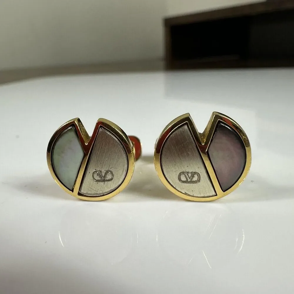 Valentino Garavani Cufflinks Tie Bar Set Mens Gold Mother Of Pearl Shell Logo